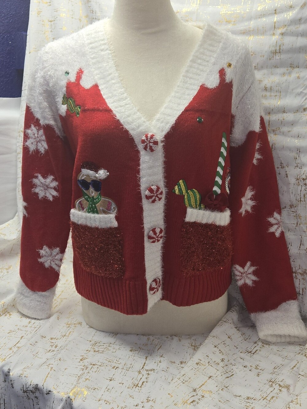 Women’s Red and White Holiday Pocket Cardigan Sweater